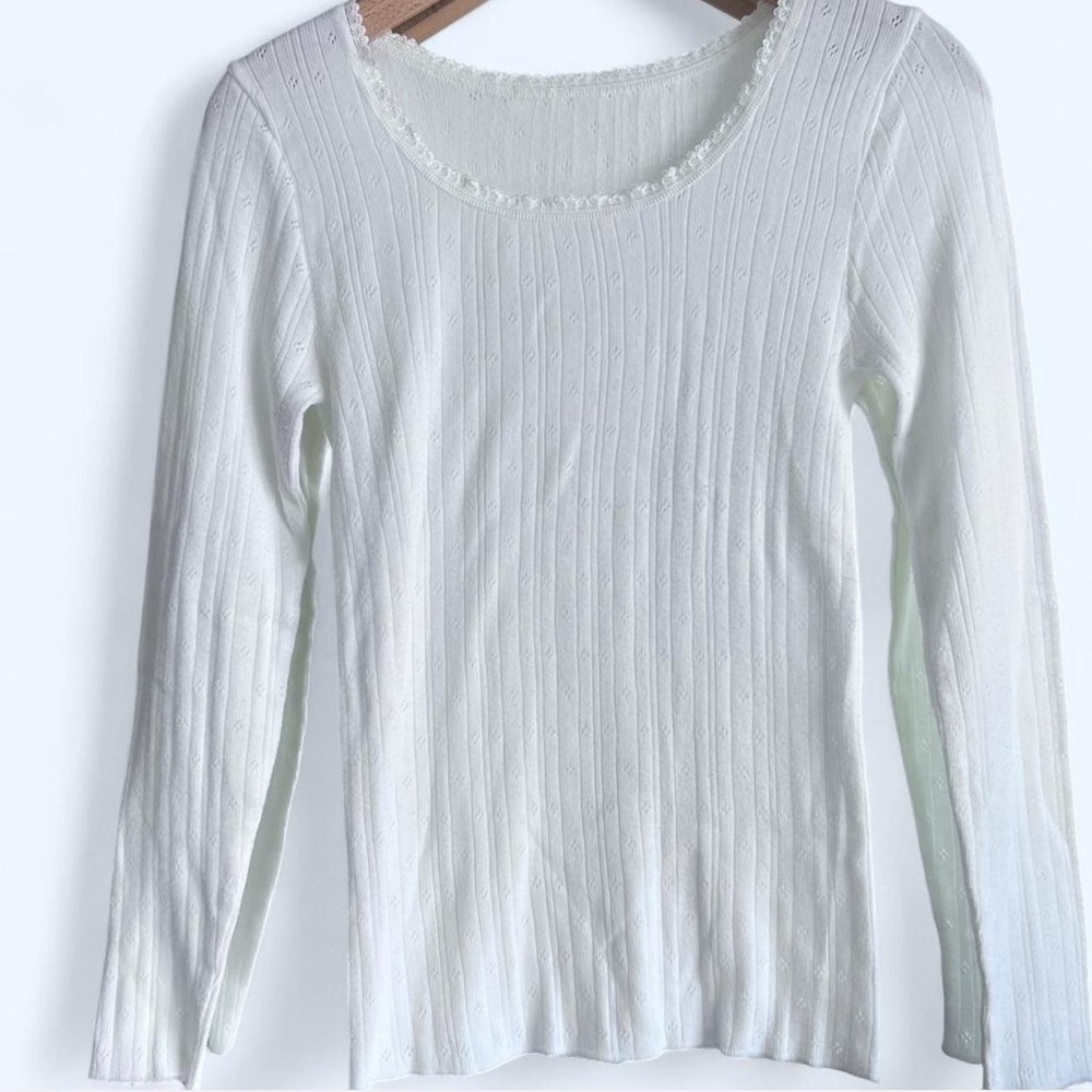Marks & Spencer Womens White Minimalist Knit Shirt Lace Trim Coquette Dainty 12